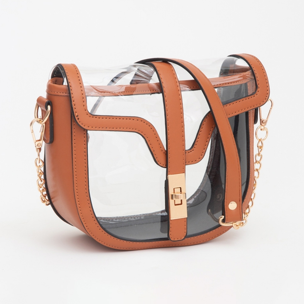 Tan Transparent Clear Saddle Bag Purse Shoulder Casual See Through Brown